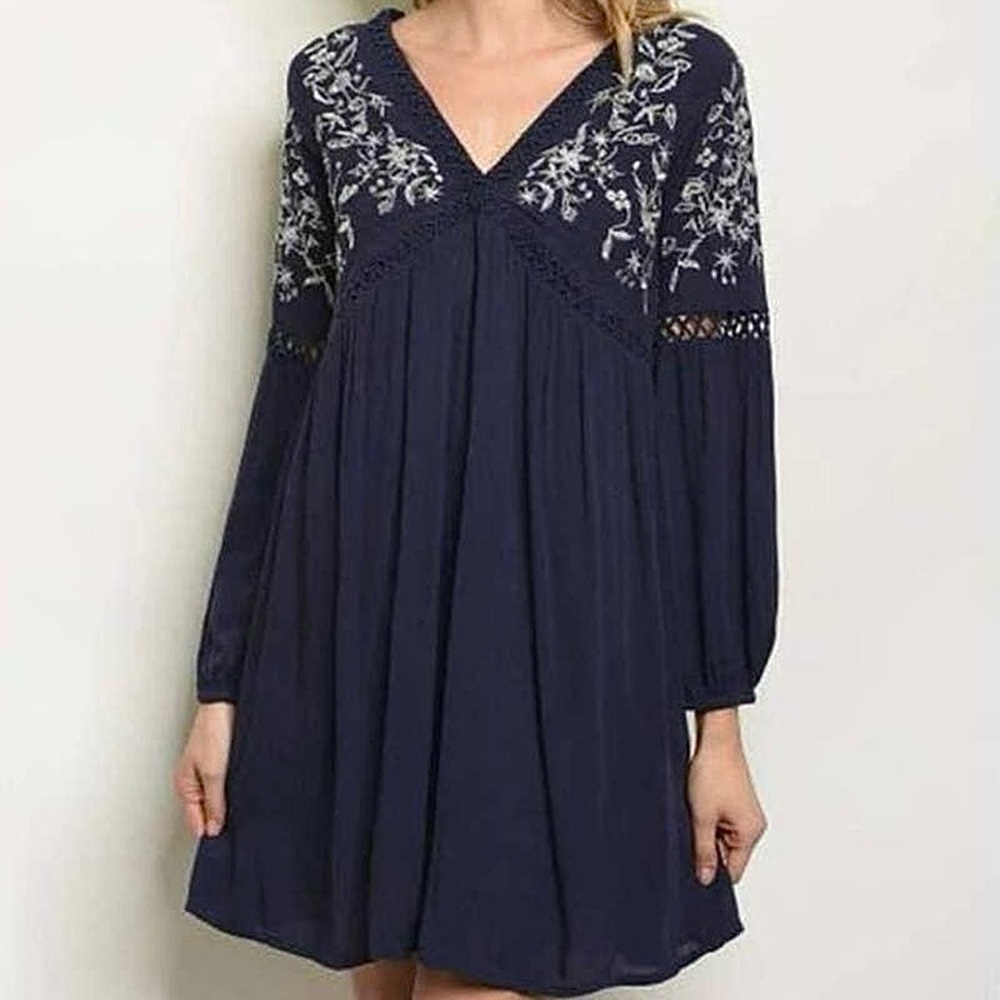 Francesca's Blue Rain 🌧️ Navy & Silver Embroidered Dress